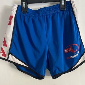 Blue Athletic Shorts with Red and White Accents